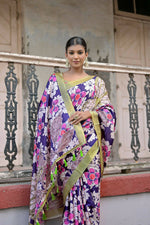 Thumbnail for Vishnu Weaves Women's Navy-Blue Cotton Silk Printed Saree with Blouse - Distacart