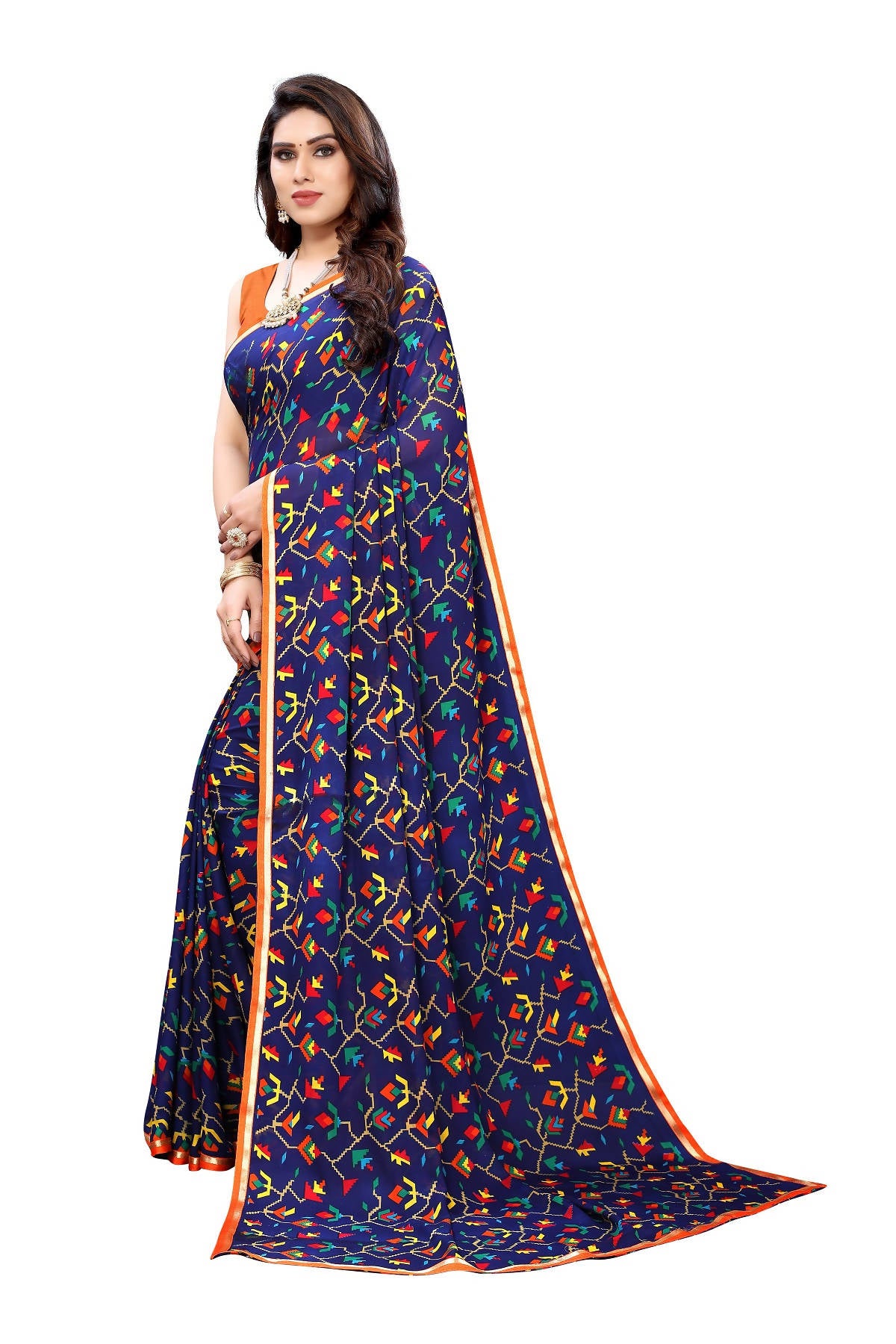 Vamika Ethnic Fire Blue Printed With Lace Saree - Distacart