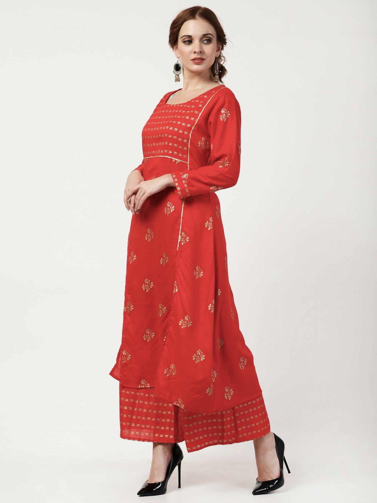 Cheera Embellished Daily Wear Cotton Blend Kurta With Palazoo - Red - Distacart