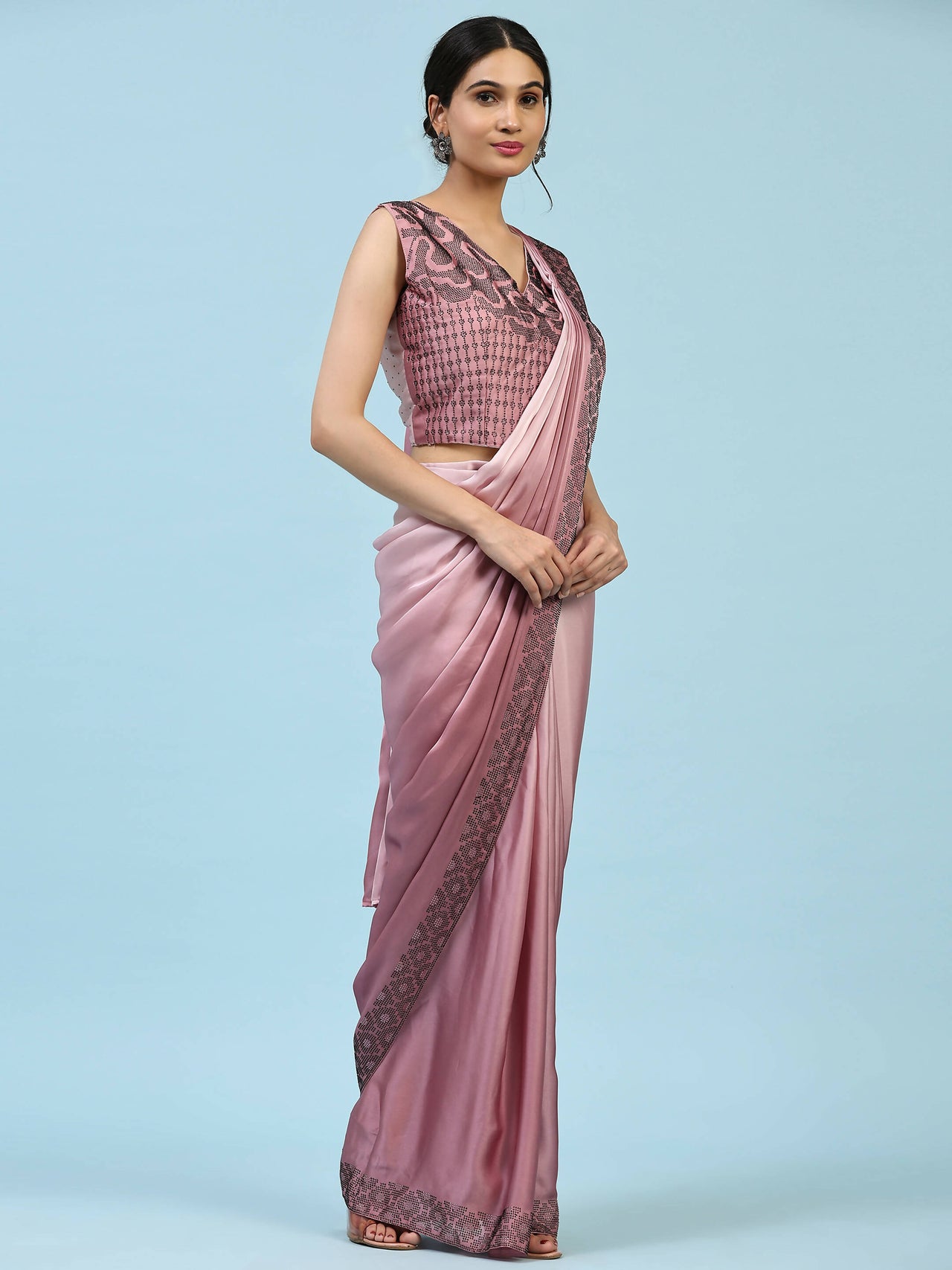 Purple Ombre Satin Georgette Plain Ready to wear Saree with stitched Blouse - Vrinda - Distacart