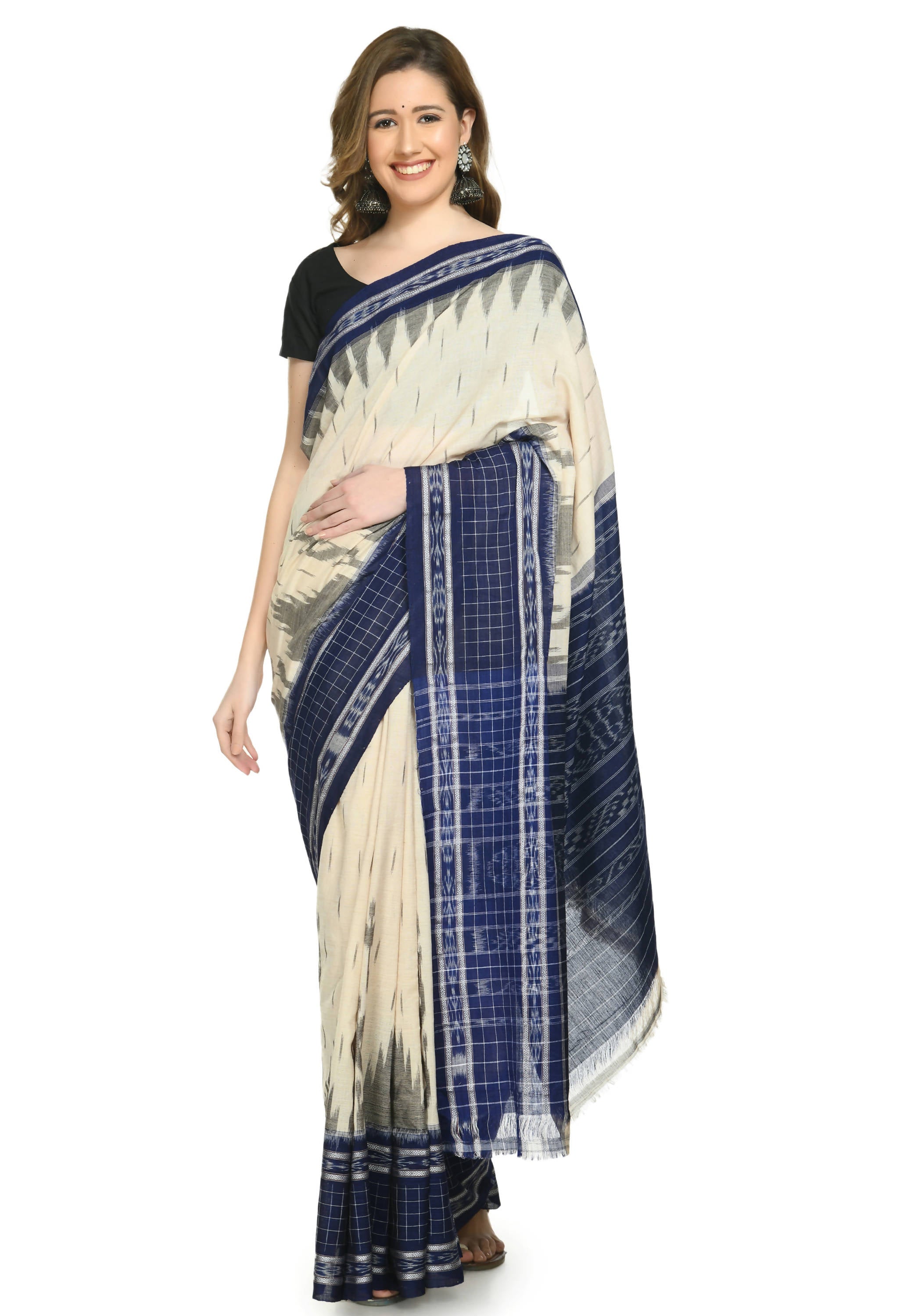 Vamika Sambalpuri Ikat Cotton Scot Dali Tasrite & Blue Saree - Distacart