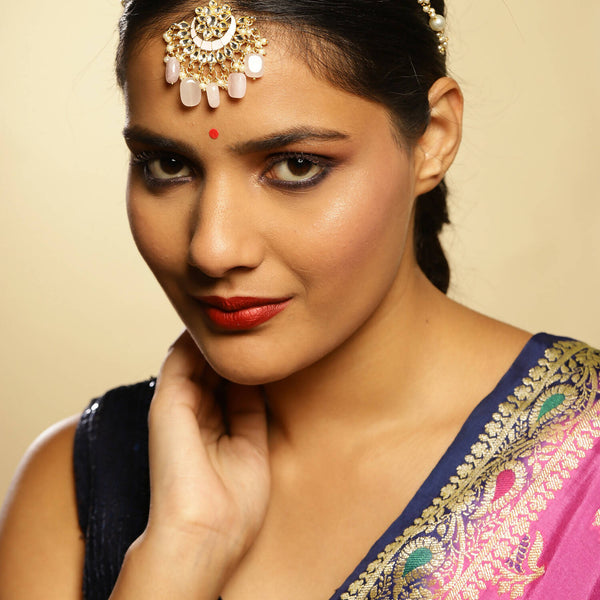 Gold-Plated White Kundan-Studded Pearl Beaded Matha Patti - Ruby Raang - Distacart