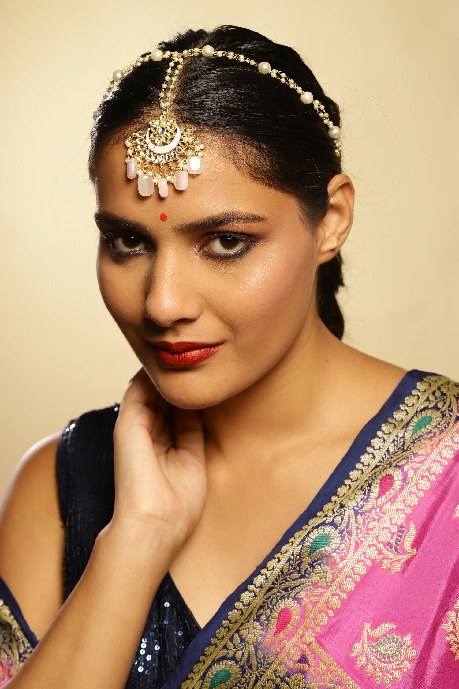 Gold-Plated White Kundan-Studded Pearl Beaded Matha Patti - Ruby Raang - Distacart