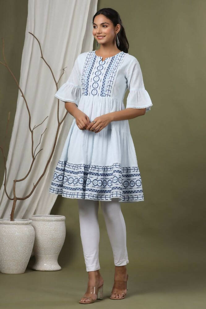 Juniper Sky Blue Cotton Dobby Festive Embroidered Tiered Dress For Women - Distacart
