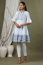 Thumbnail for Juniper Sky Blue Cotton Dobby Festive Embroidered Tiered Dress For Women - Distacart