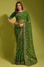 Thumbnail for Malishka Women's Green Georgette Chiffon Floral Print Saree With Blouse Piece - Distacart