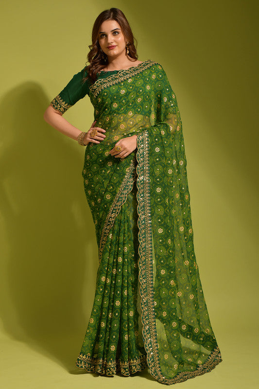 Malishka Women's Green Georgette Chiffon Floral Print Saree With Blouse Piece - Distacart