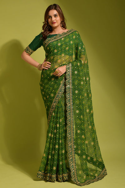 Malishka Women's Green Georgette Chiffon Floral Print Saree With Blouse Piece - Distacart