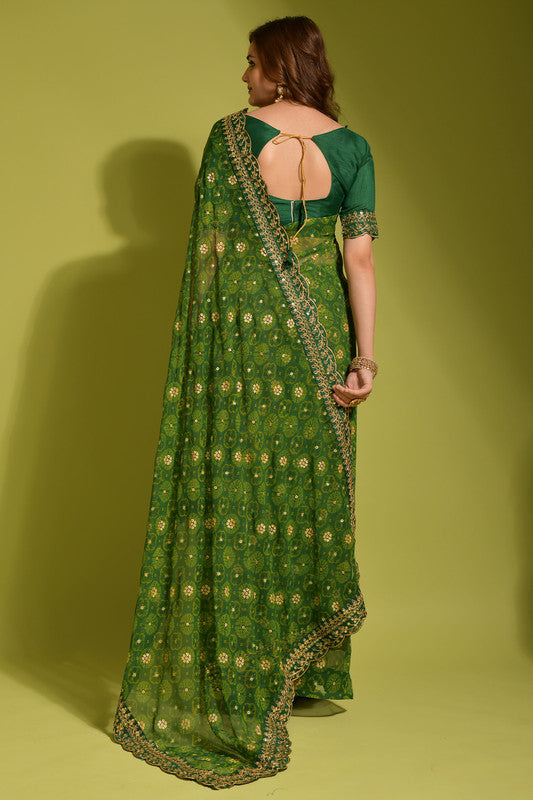 Malishka Women's Green Georgette Chiffon Floral Print Saree With Blouse Piece - Distacart