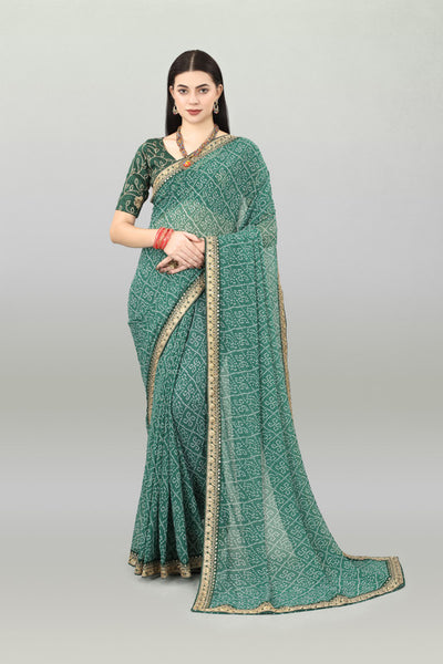 Malishka Women's Bandhani Printed & Embroidery Work In Lace Georgette Saree With Unstitched Blouse - Green - Distacart