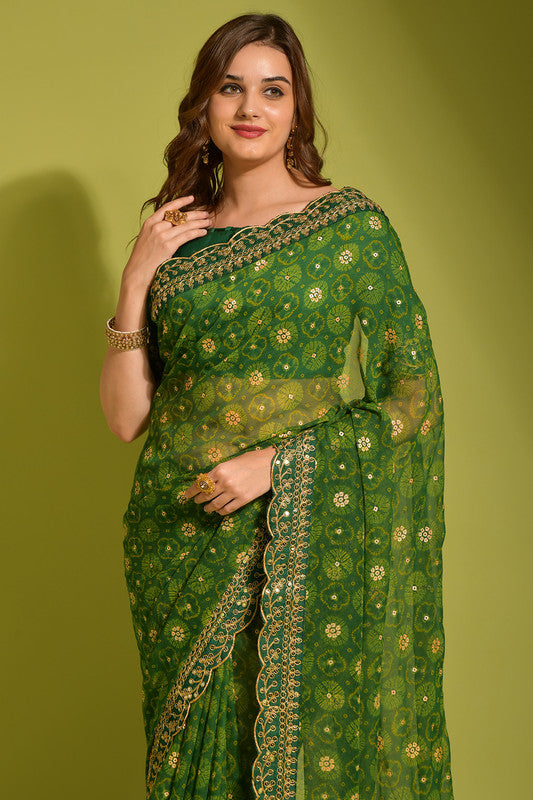Malishka Women's Green Georgette Chiffon Floral Print Saree With Blouse Piece - Distacart