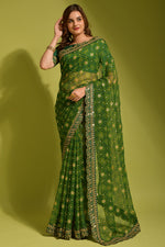 Thumbnail for Malishka Women's Green Georgette Chiffon Floral Print Saree With Blouse Piece - Distacart