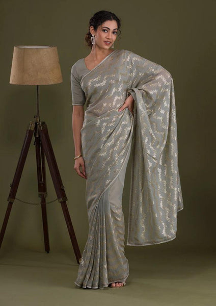 Malishka Women's Designer Georgette Sequence Embroidery Work Saree With Blouse Piece - Grey - Distacart