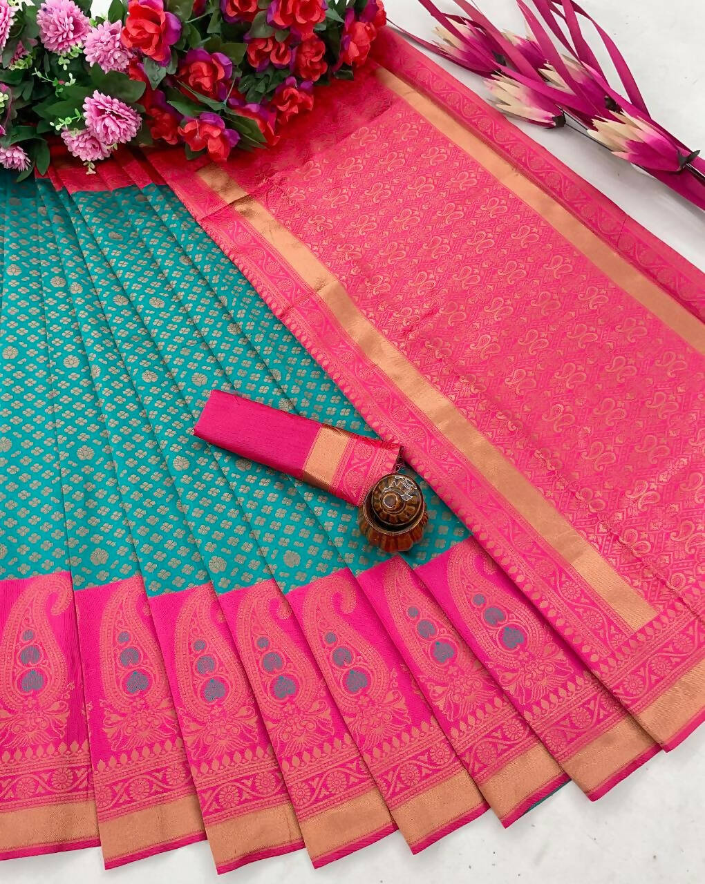 DEIANA'S Beautiful Golden Jari with New Design Soft Lichi Silk Saree - Blue - Distacart