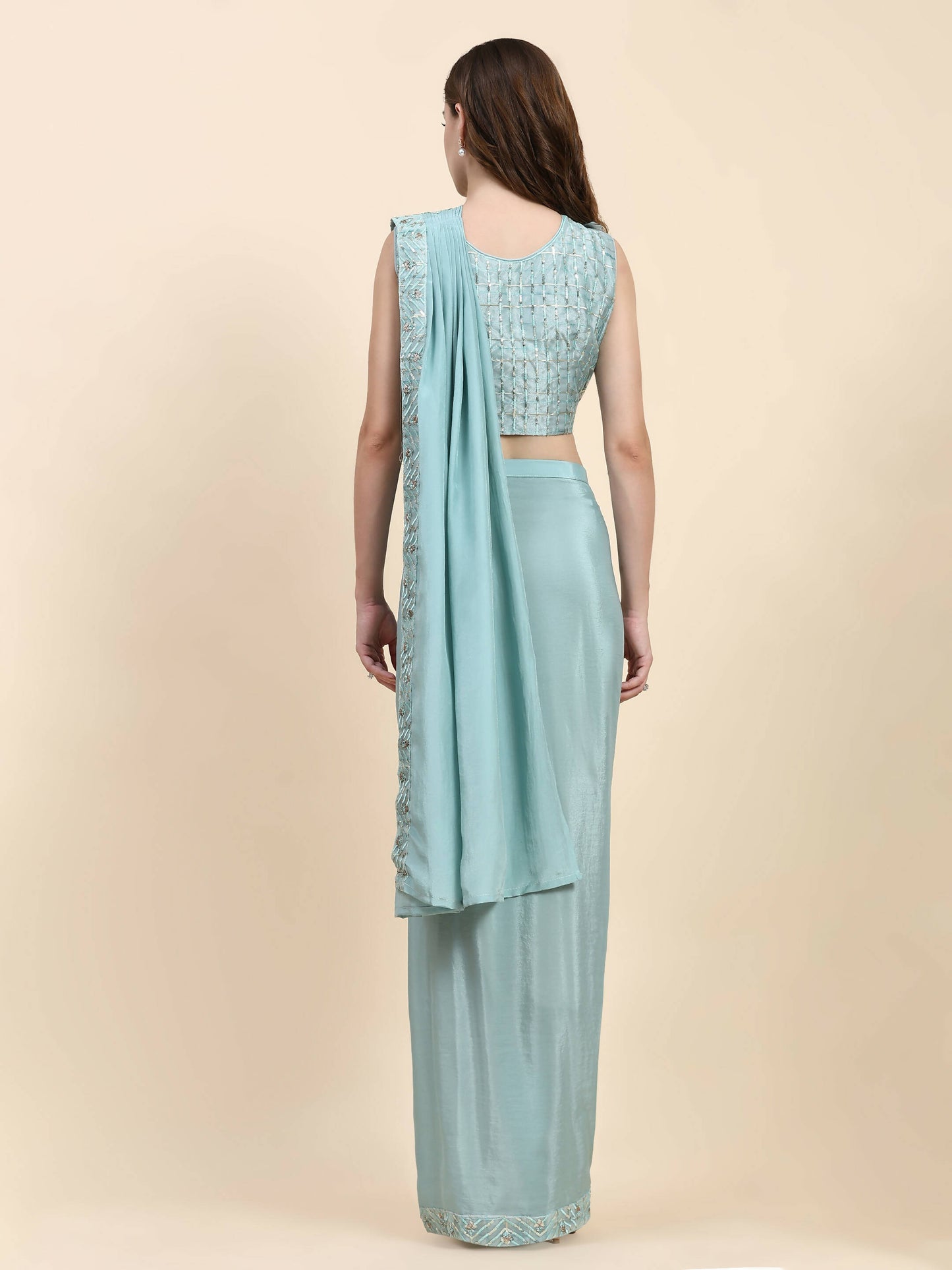 Sky Blue Silk Satin Solid Ready to wear Saree with stitched Blouse - Satiksha - Distacart