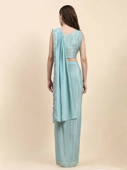 Sky Blue Silk Satin Solid Ready to wear Saree with stitched Blouse - Satiksha - Distacart