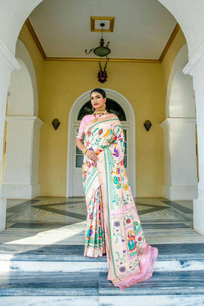 Vishnu Weaves Women's Baby Pink Paithani Silk Zari Woven Saree with Unstitched Blouse - Distacart