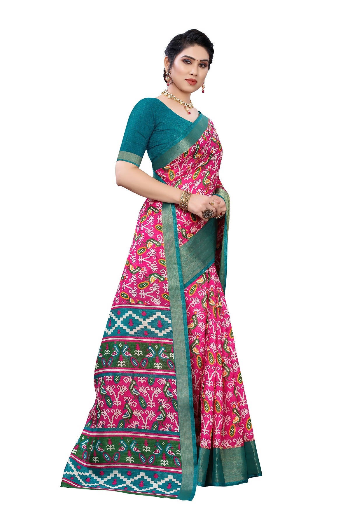 Vamika Pink & Green Linen Jari Border Saree (JANKI PINK) - Distacart