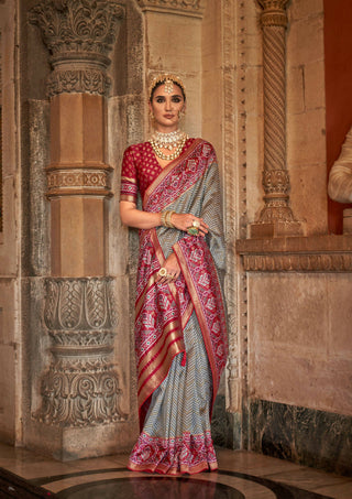 Silver Grey Banarasi Weaving, Ultra Aqua Finish, Zari Work Banarasi Silk Saree - Rath Kunti - Distacart