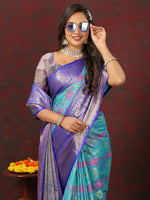 Thumbnail for Lorenvalley Fashion Skyblue Cotton Woven Design Zari Meenakari Weaving Saree - Distacart