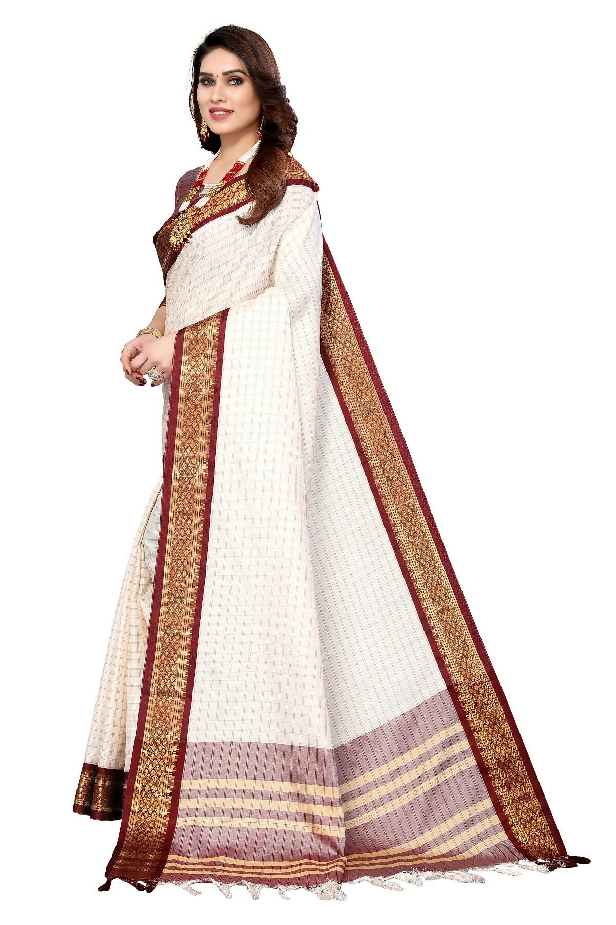 Vamika Weaving White Cotton Silk Saree (DEVAL MAROON) - Distacart