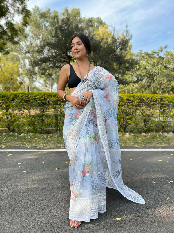 Vastrasky White Organza Saree - Distacart