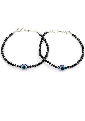 Mominos Fashion Traditional Black Beads Silver-Plated Anklets