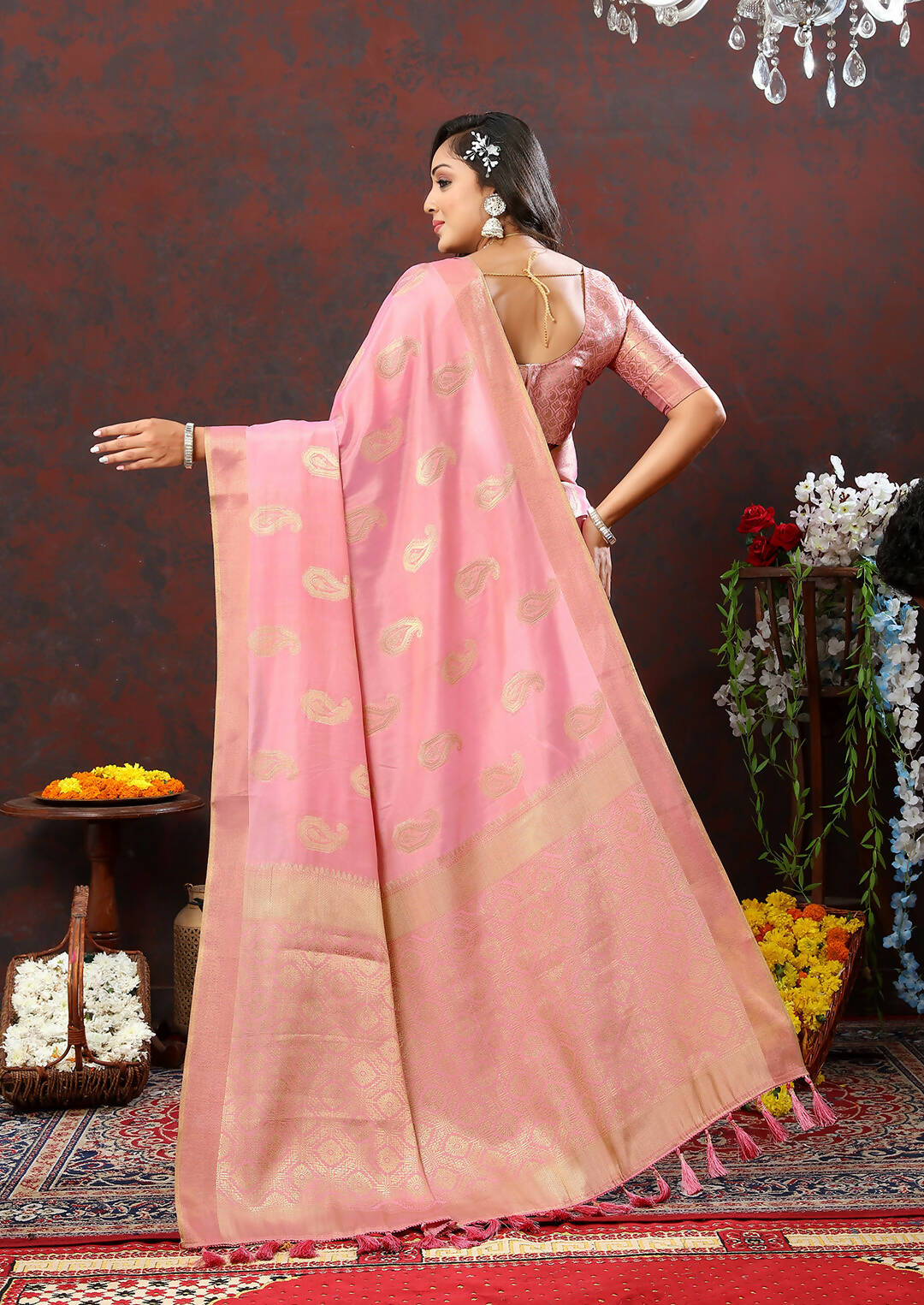 Lorenvalley Fashion Pink Cotton Woven Design with Zari Weaving Design Saree - Distacart