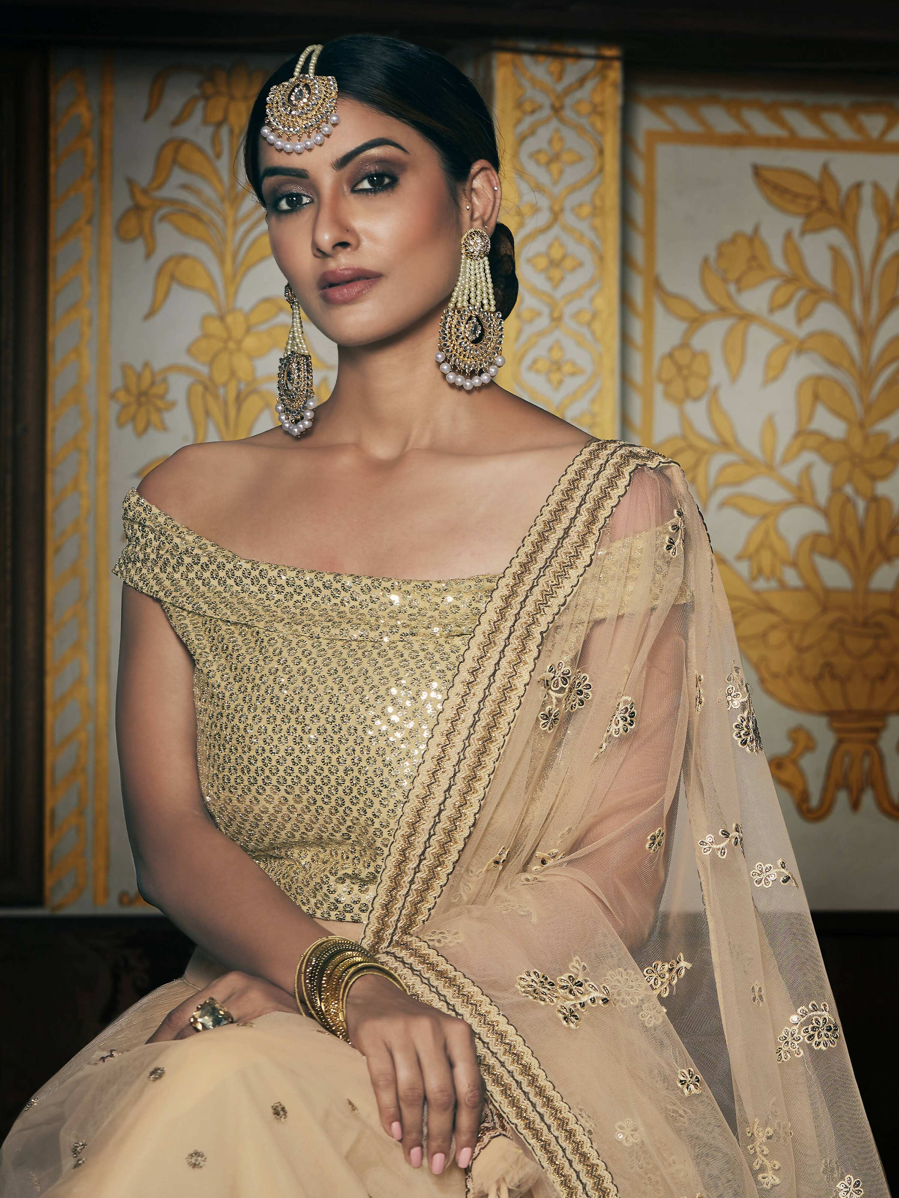 Wedding Designer Sequene Zari Resham Embroidery Cream Net Lahengha Choli - Anbazaar - Distacart