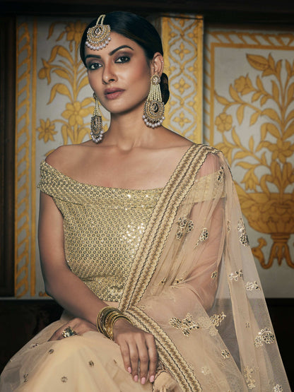 Wedding Designer Sequene Zari Resham Embroidery Cream Net Lahengha Choli - Anbazaar - Distacart