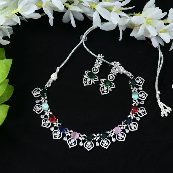 Mominos Fashion Johar Kamal Silver-Plated American Diamond Multi Colour Choker Set - Distacart