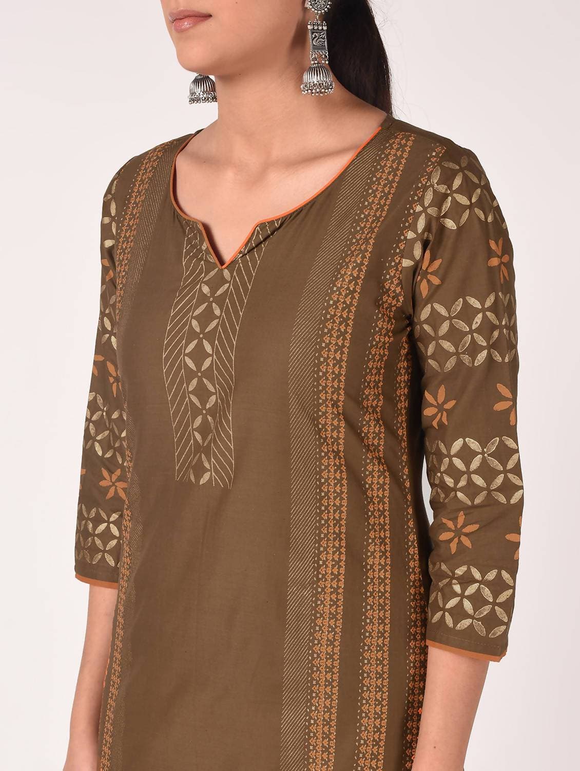 Cheera Hand Block Print Earth Brown Straight Kurta (MAAI-060K)