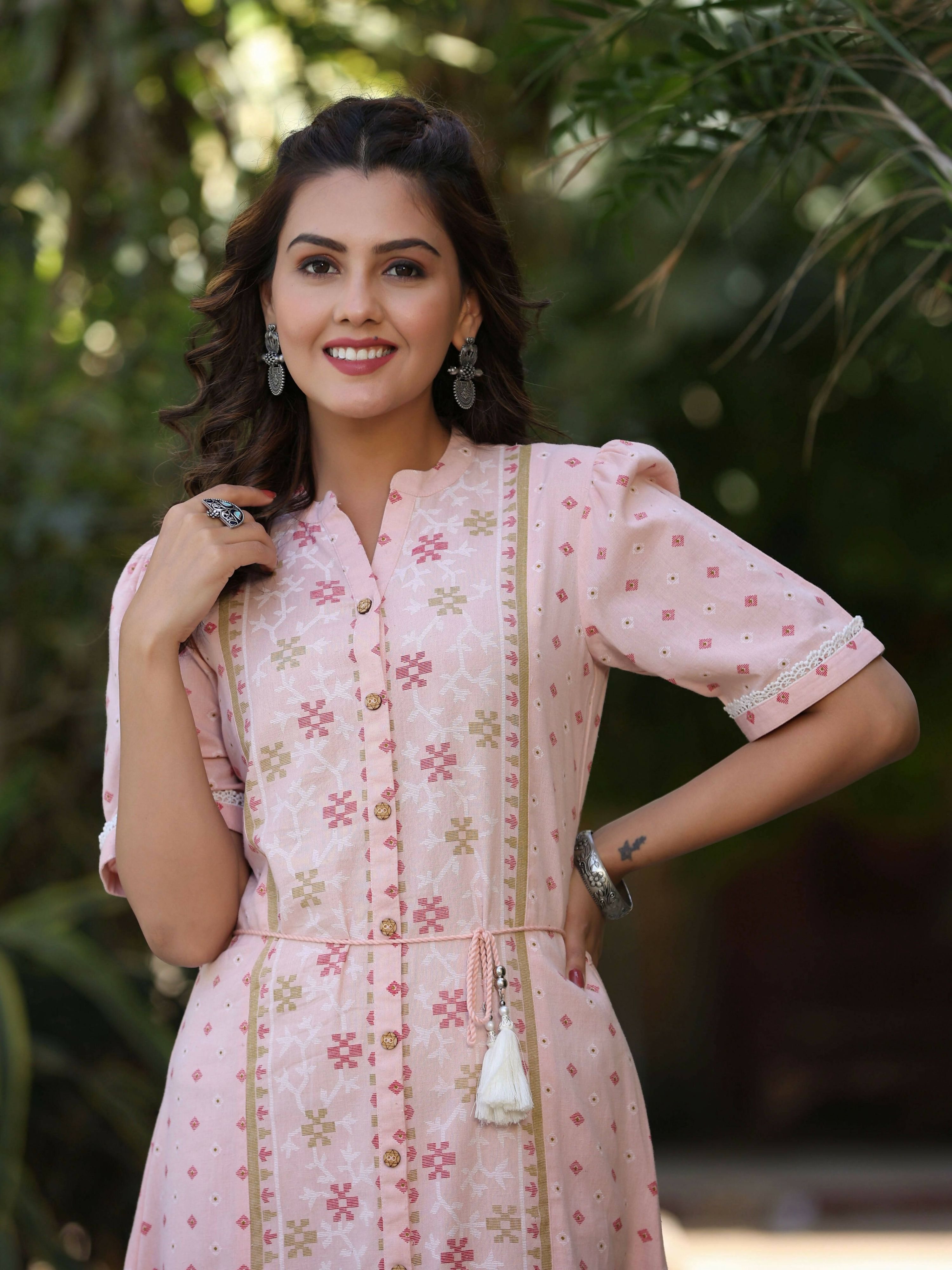 Juniper Women's Pink Cotton Printed Embroidered Flared Dress - Distacart