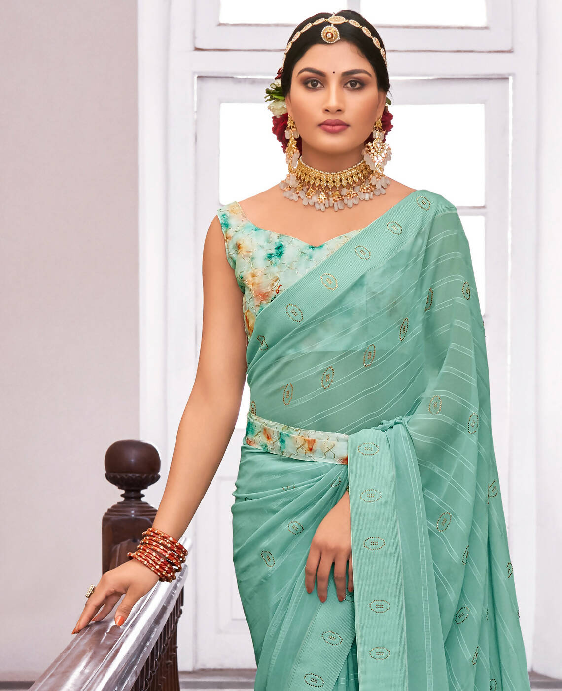 Sea Green Georgette Swaroski Work Saree With Unstitched Blouse Piece - Juhi - Distacart