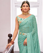 Thumbnail for Sea Green Georgette Swaroski Work Saree With Unstitched Blouse Piece - Juhi - Distacart