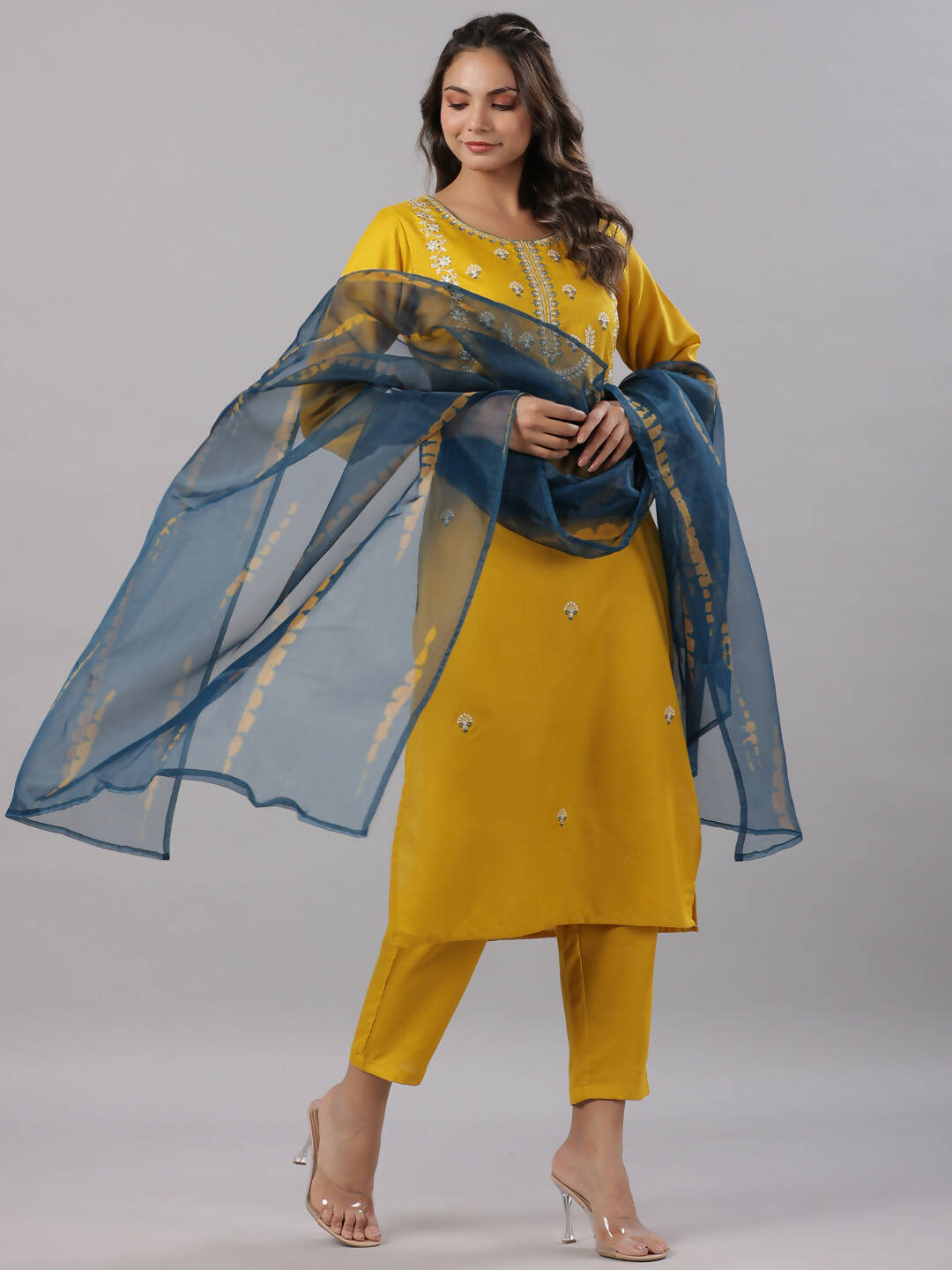 Juniper Women's Mustard Silk Zari Embroidered Kurta Pant Dupatta Set - Distacart