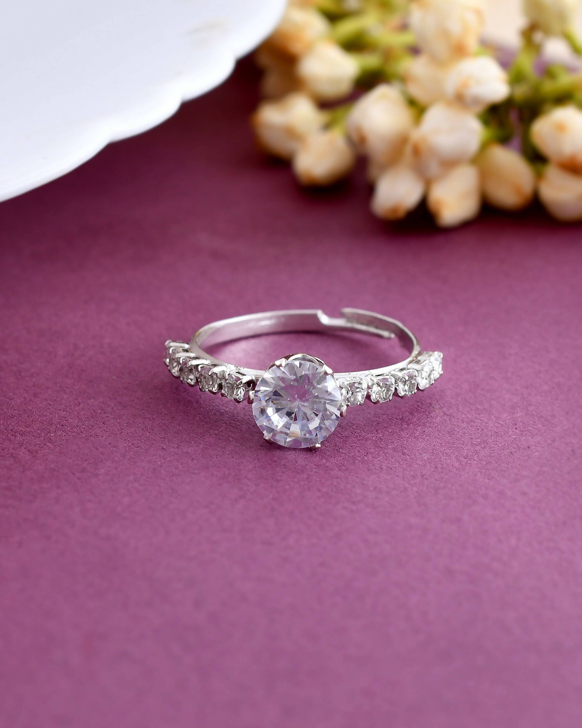 VOJ white CZ-detail Stainless Steel Cubic Zirconia Silver Plated Adjustable Finger Ring - Distacart