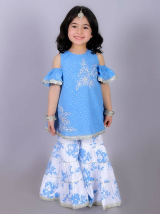 Lil Drama Ethnic Girls Blue Cotton Kurta with Sharara Set - Distacart