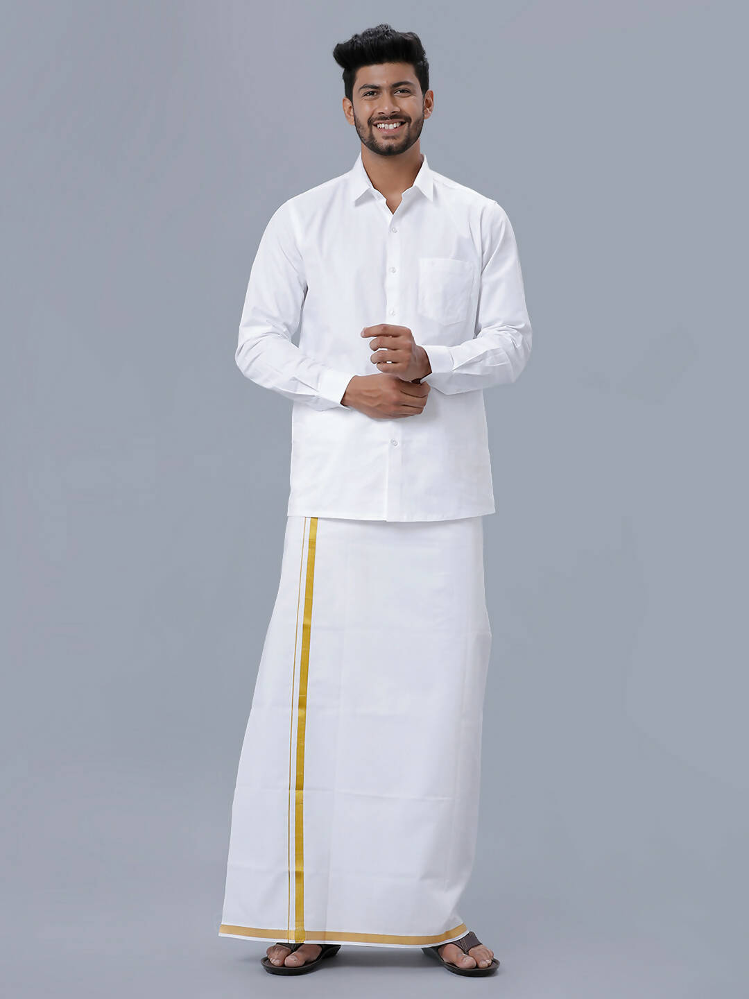 Ramraj Cotton Mens Poly Cotton 3/4 " Gold Jari Dhoti - White - Distacart