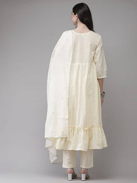 Thumbnail for Yufta Women Cream-Embroidered Pure Cotton A-line Kurta with Trouser and Dupatta
