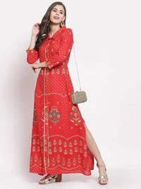 Thumbnail for Myshka Women's Red Cotton Printed 3/4 Sleeve Collar Neck Casual Anarkali Kurta