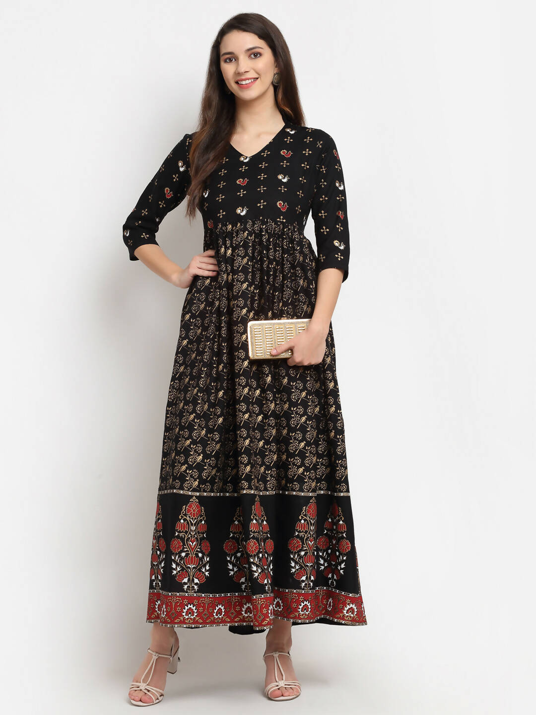 Rudra Bazaar Floral Printed A-Line Flared Black Kurti - Distacart