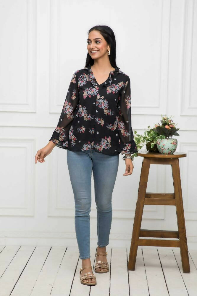 Myshka Women Black Floral V-Neck Regular Sleeves Synthetic Georgette Top - Distacart