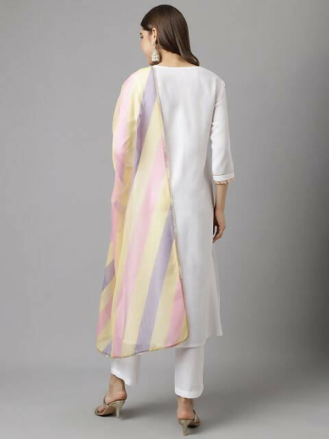 FIORRA Women's White Cotton A-Line Kurta Pant With Dupatta - Distacart