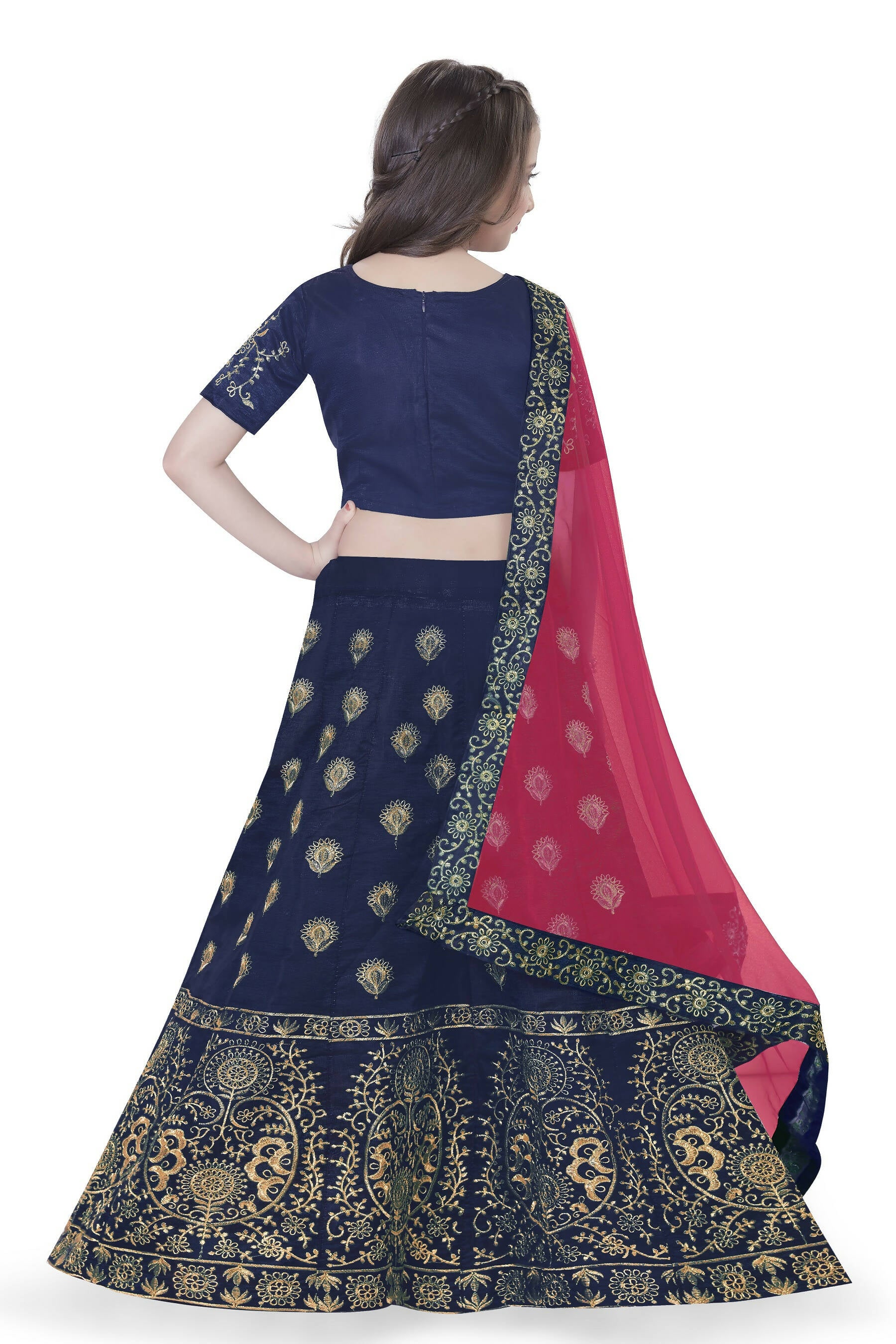 Dwiden Navy Blue Gulab Tafetta Sattin Semi-Stitched Girl's Lehenga Choli - Distacart
