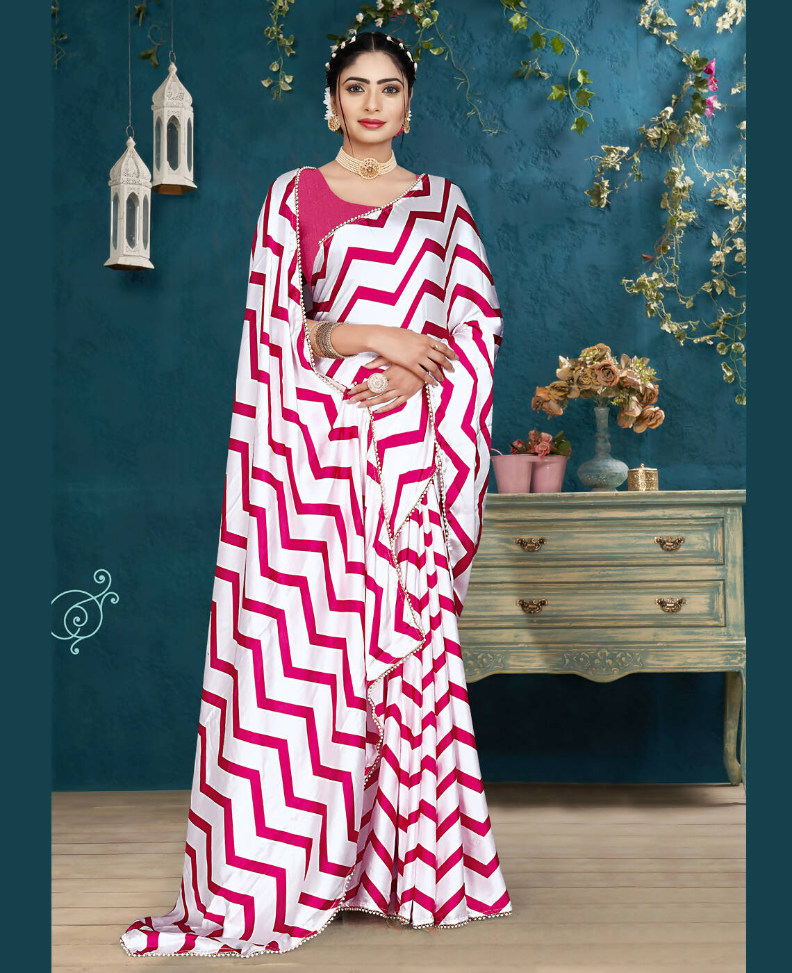 Pink Japan Satin Stripe Printed Saree With Unstitched Blouse Piece - Laavanya - Distacart