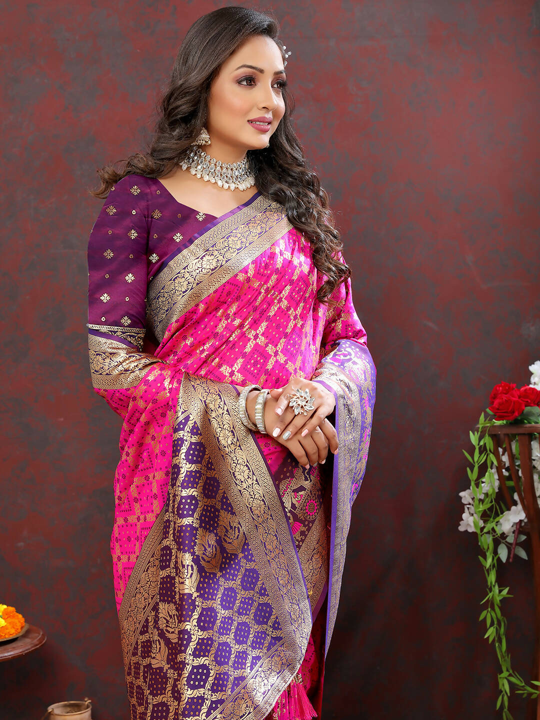 Lorenvalley Fashion Magenta & Wine Patola Silk Woven Design Meenakari Weaving Saree - Distacart