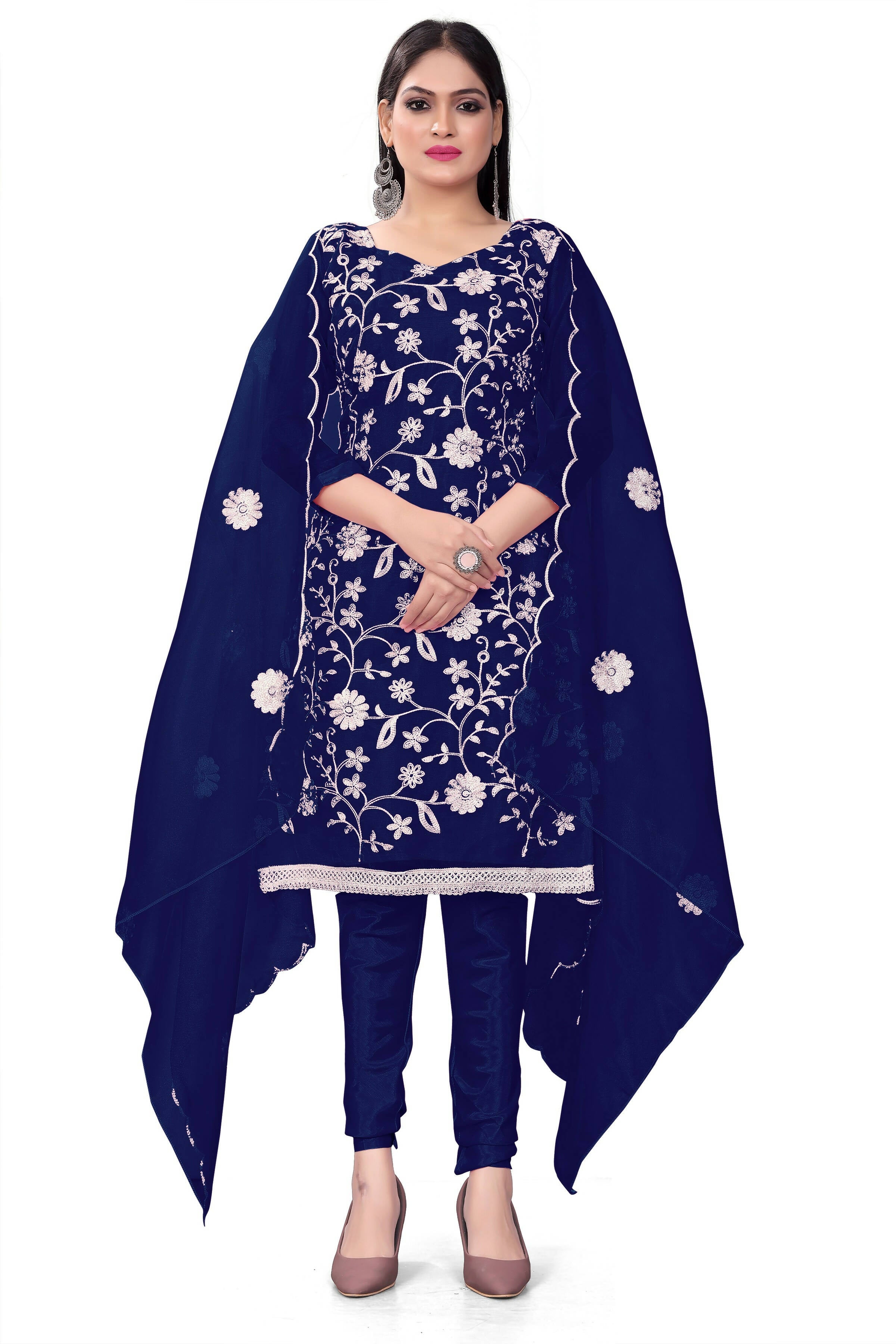 Blue Organza Silk Embroidered Work Unstitched Dress Material - Tanvi - Distacart