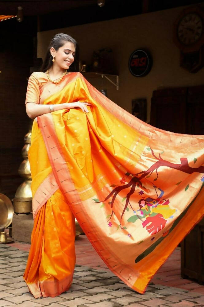 Very Much Indian Authentic Handloom, Beautiful Orange Yellow, Pure Silk Muniya Border Paithani With Radha Krishna Pallu(High Quality Silk) - Distacart
