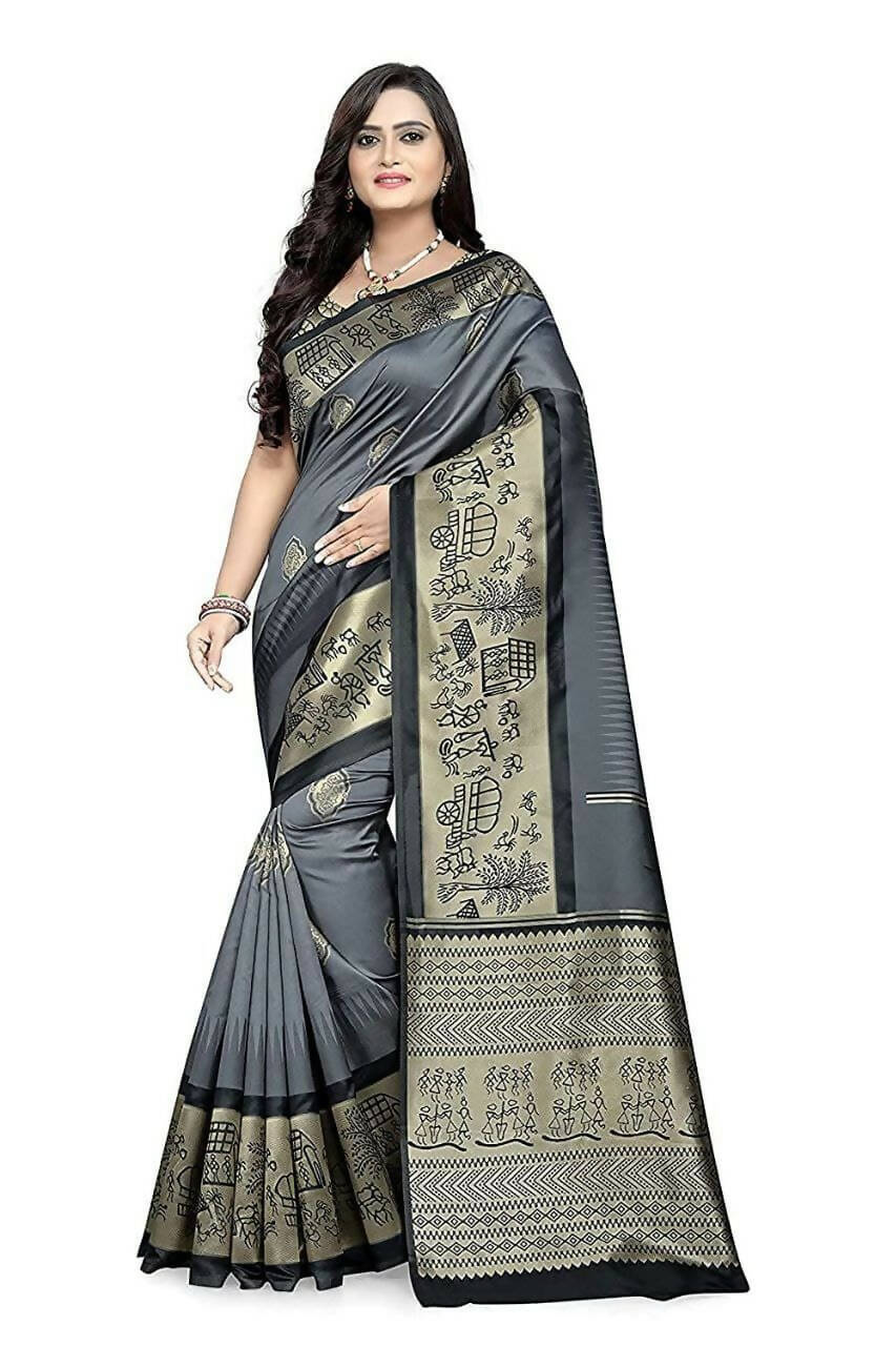 DEIANA'S Beautiful Golden Jari with New Design Soft Lichi Silk Saree - Grey - Distacart